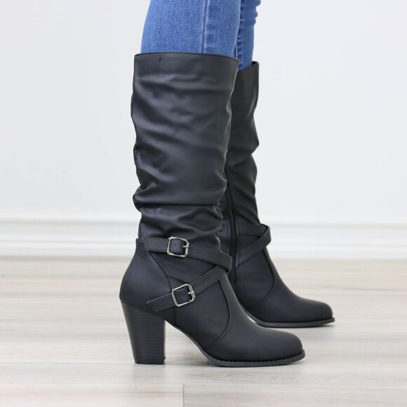 Black Mid Calf Block Heeled Boots Synthetic Leather Pointed Toe Womens - Picture 2 of 16